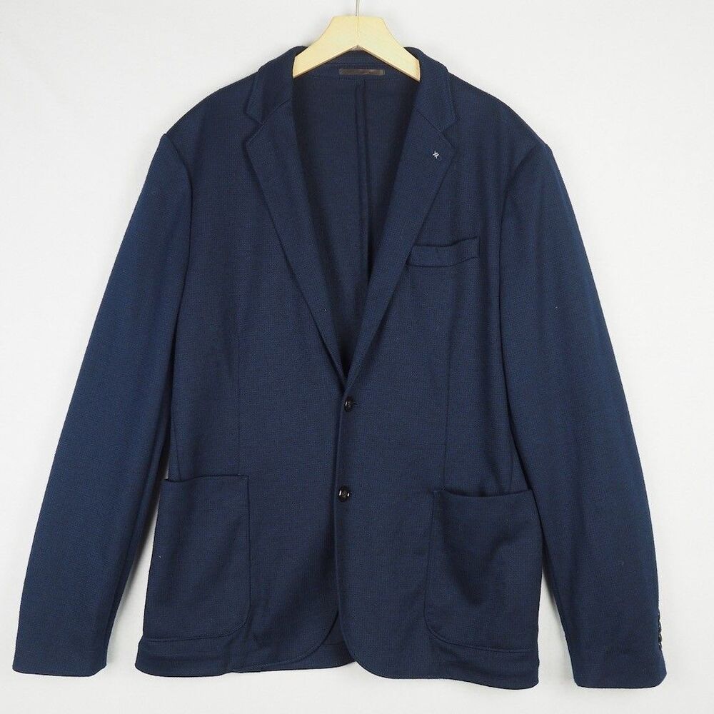 Mango Slim Fit Unstructured Blazer Blue Houndstooth Mens 44 Unlined Wool Blend